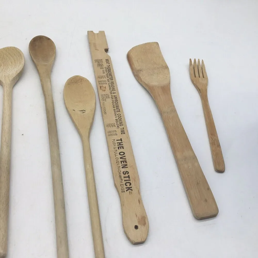 Vtg Lot Of 9 Wooden Kitchen Utensils Fork Wooden spoon Spatula Rolling Pin